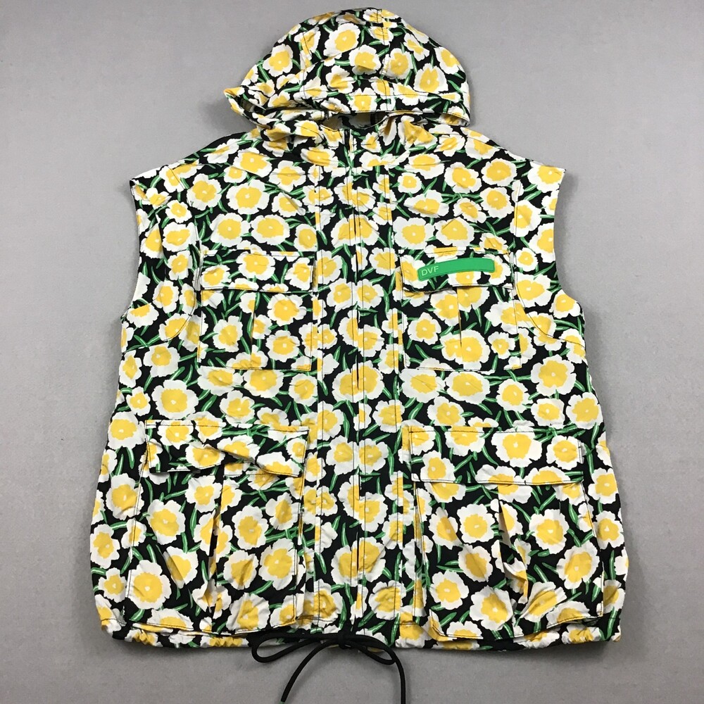 Diane Von Furstenberg Vest Women Extra Small Yellow Floral Jacket Full Zip Hood